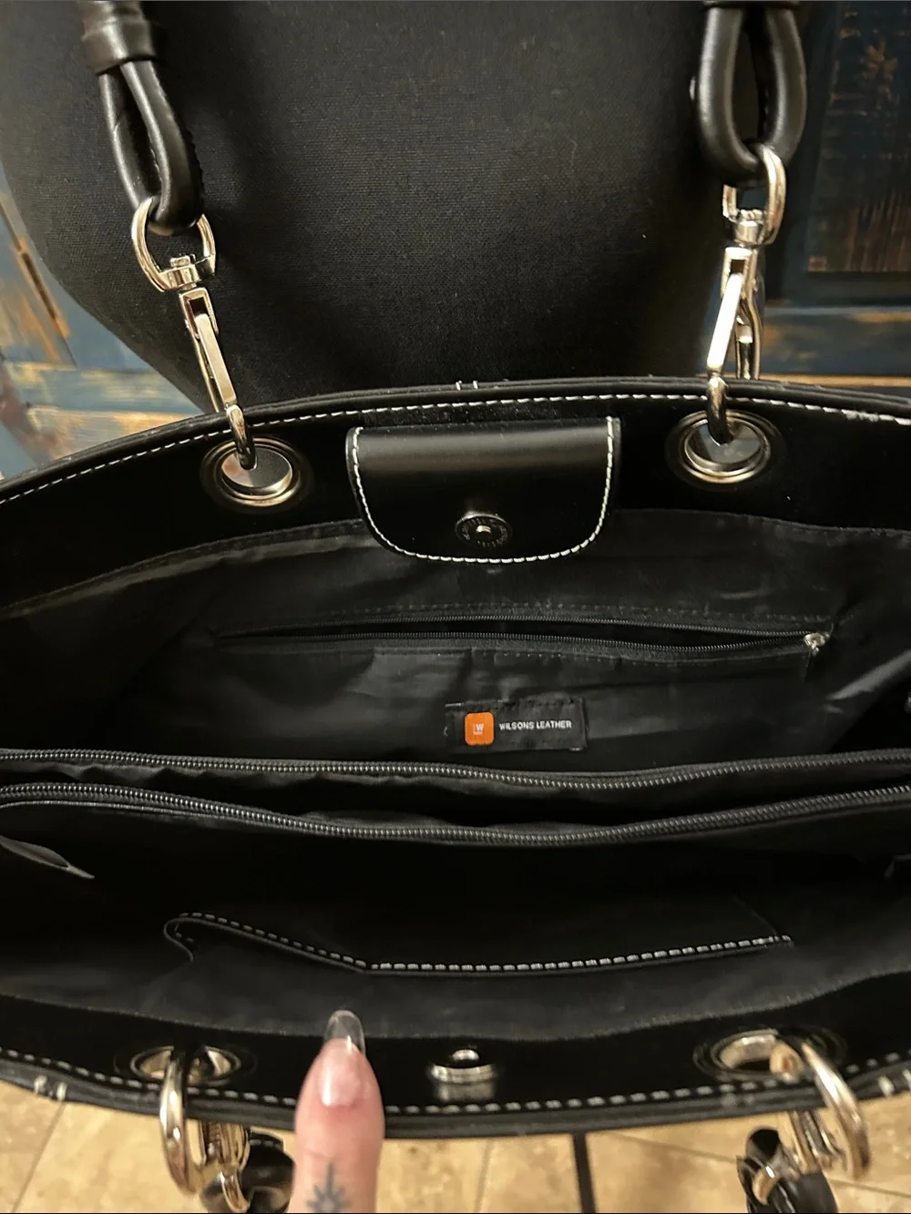 Wilsons Leather Black Leather Tote with Contrast Stitching